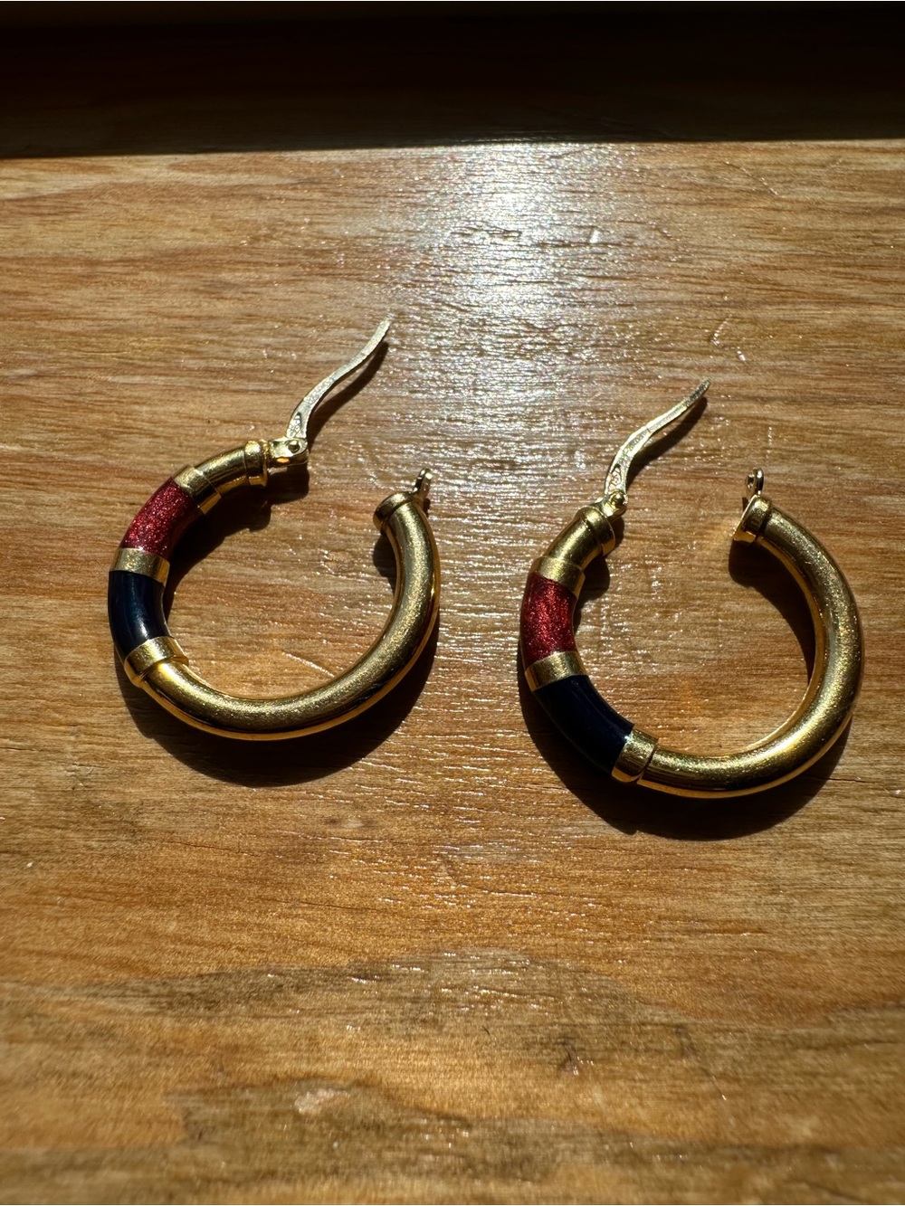 18k Gold Hoop Earrings with Red and Navy Accents